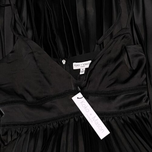 KOKO MASON Black Empire Waist Pleated Midi Dress Size M Formal Sleeveless Satin - Picture 4 of 4